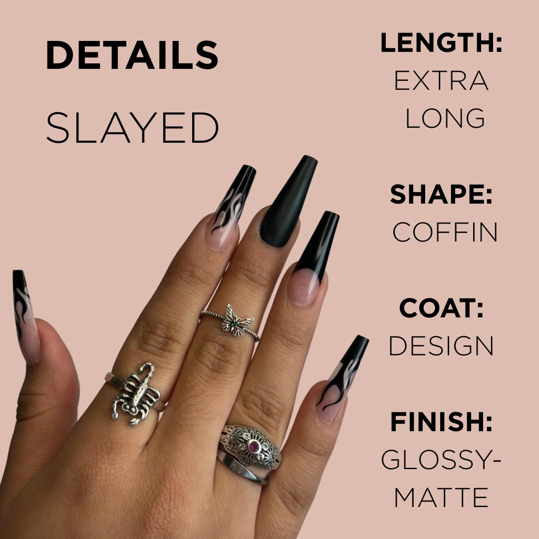 SLAYED Press-On Nails by Lavaa Beauty | Extra-Long Coffin | Black Flame Nail Tips
