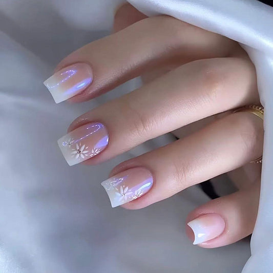 Gradient Press on Nails Short Square Fake Nails with Purple Chrome Flower Designs Nails Press ons White Nude Ombre Glue on Nails Glossy Acrylic Nails Cute Stick on Nails for Women 24Pcs
