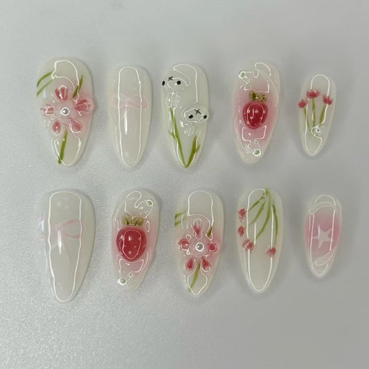 24 Pcs Summer Press on Nails Short Almond,MINGCHUN White Fake Nails Press ons Acrylic Nail Art Tips Kit Full Cover False Nails Glue on Nails with Flowers Strawberry Design for Women Nail Supplies