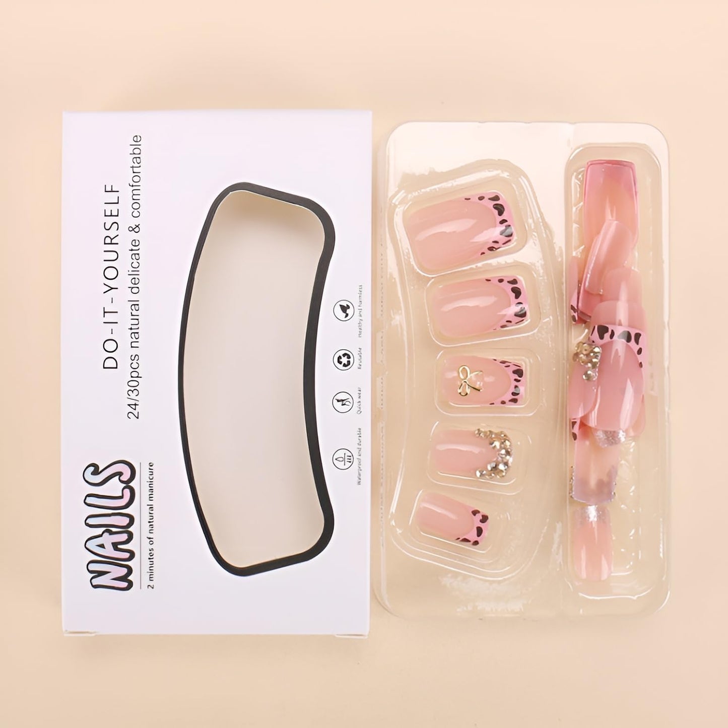 Nude Fake Nails Short Square Press on Nails Pink French Tip Nails Press Ons with Leopard Print Design Gold Bow False Nails Glossy Glue on Nail Rhinestones Stick on Nail for Women 24Pcs