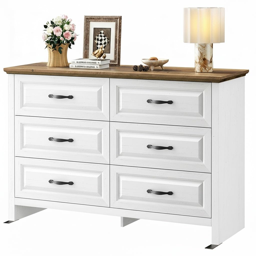 Marsail Farmhouse 6 Drawer Dresser, Wood Chest of Drawers with Natural Texture, Smooth Gliding Drawers, Versatile Storage Organizer Cabinet for Bedroom & Living Room, White and Brown