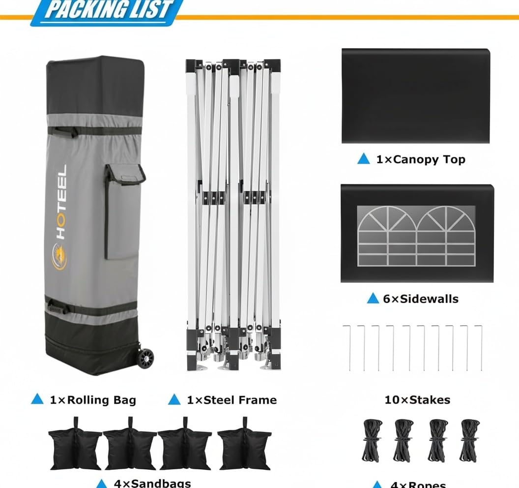 COBIZI Carport 10x20 Portable Garage, 2.0 Powder Coated Frame, Pop Up Canopy with 6 Sidewalls, Waterproof Shelter with Removable Sidewalls & Windows, Built-in Sandbags, for Car/Boat/SUV, Black