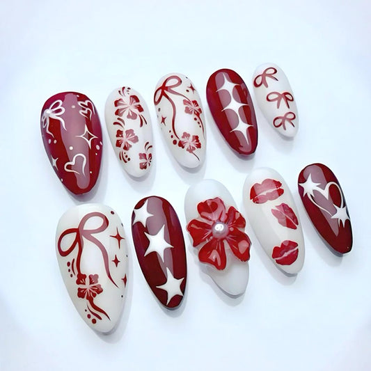 30Pcs Red Press on Nails Almond Medium Fake Nails with 3D Star Bow Flower Lip Design French Acrylic Nail Tip Glossy Full Cover Artificial Nails for Women DIY Manicure Supplies Daily Wear