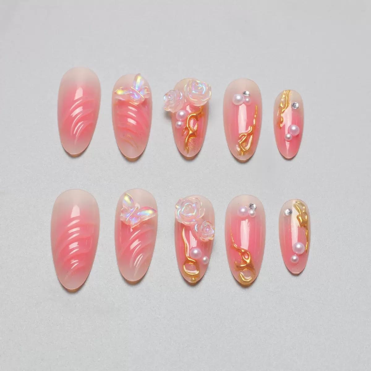Pink Press on Nails Medium Almond Fake Nails 3D Flowers Butterfly Acrylic Nails Gradient False Nails Gold Line Artificial Nails Press ons with Pearl Designs Ombre Glue on Nails for Women Girls 24Pcs
