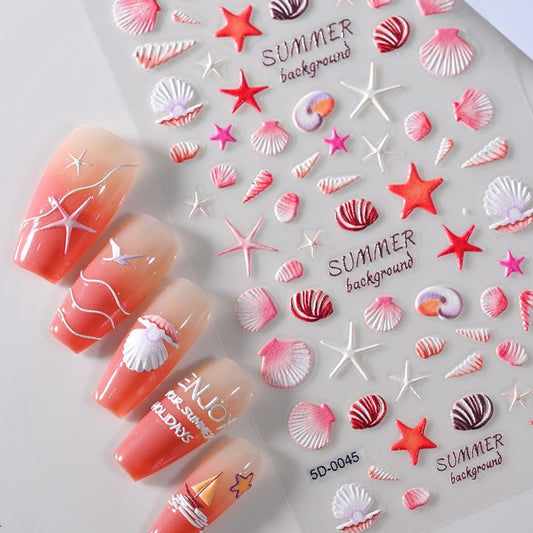 Teilihai 4 Sheets 5D Embossed Ocean Style Nail Art Stickers Starfish Seashell Design Nail Stickers Coconut Tree Nail Art Decals for Nails Decoration, Self Adhesive Nail Supplies for Women and Girls