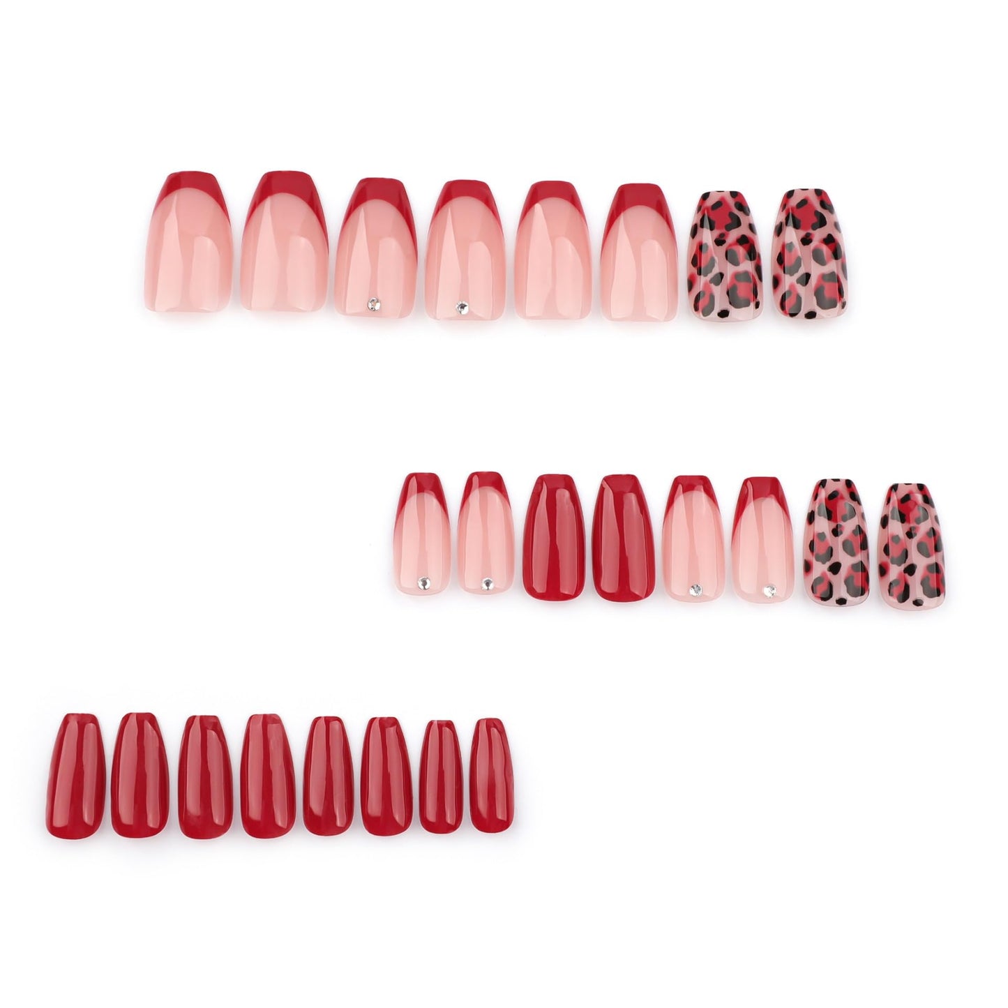 Red Press On Medium Coffin French Tip Leopard Print Glue Solid Color Acrylic Glossy Full Cover Stick On Nails 24Pcs