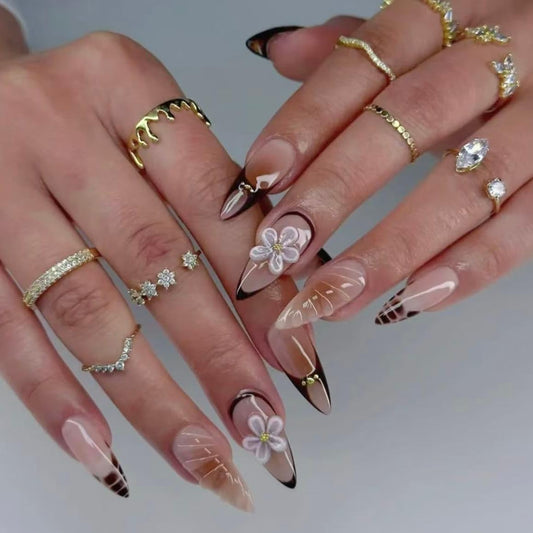 Handmade French Tip Press on Nail Almond Fake ons with Designs Chrome False Nails Long Glossy Full Cover Glue on Nails Stick Women Nails Manicure Decoration 10Pcs (MT-183-S)