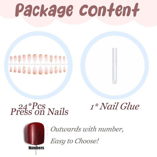 BABALAL Press On Nails, Medium Almond Fake Nails, Nude White Grandient, With 3D Gold Line & Flower Design, Glossy Full Cover Glue On Nails For Women And Girls 24Pcs