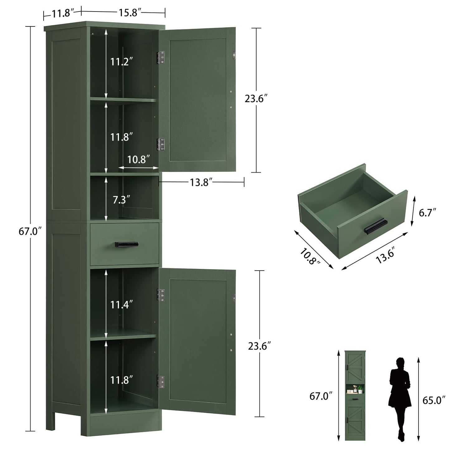 TEENFON 67" H Tall Bathroom Storage Cabinet with Barn Doors and Drawer, Narrow Bathroom Cabinet, Narrow Storage Unit, Adjustable Shelves, Floor Cabinets for Living Room, Forest Green UNSNG091V