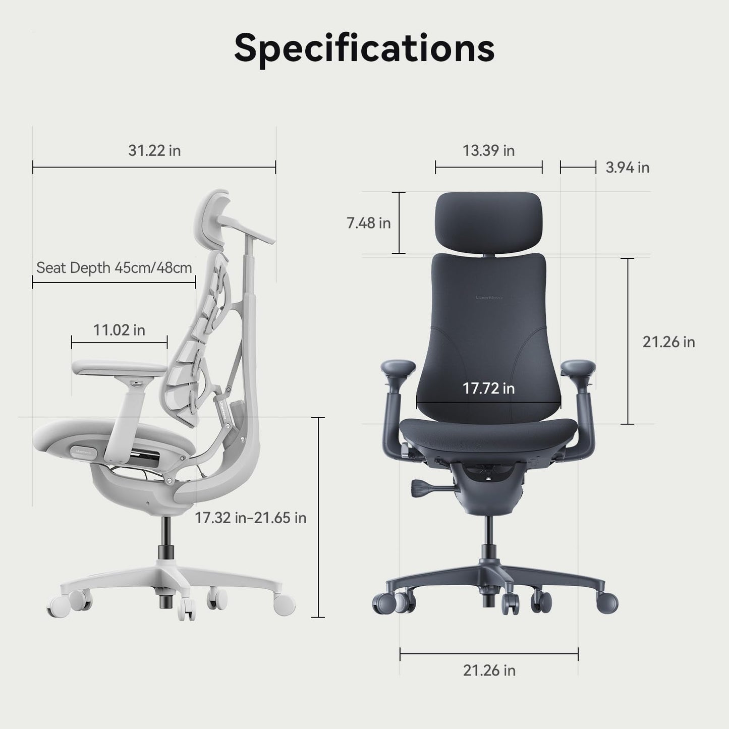 LiberNovo Dynamic Ergonomic Office Chair - Comfy Adjustable Desk Chair with Adaptive Lumbar Support, 160° Recline & Built-in Spine Stretch for Back Comfort, Home Office Long Hours Use, Black+45cm