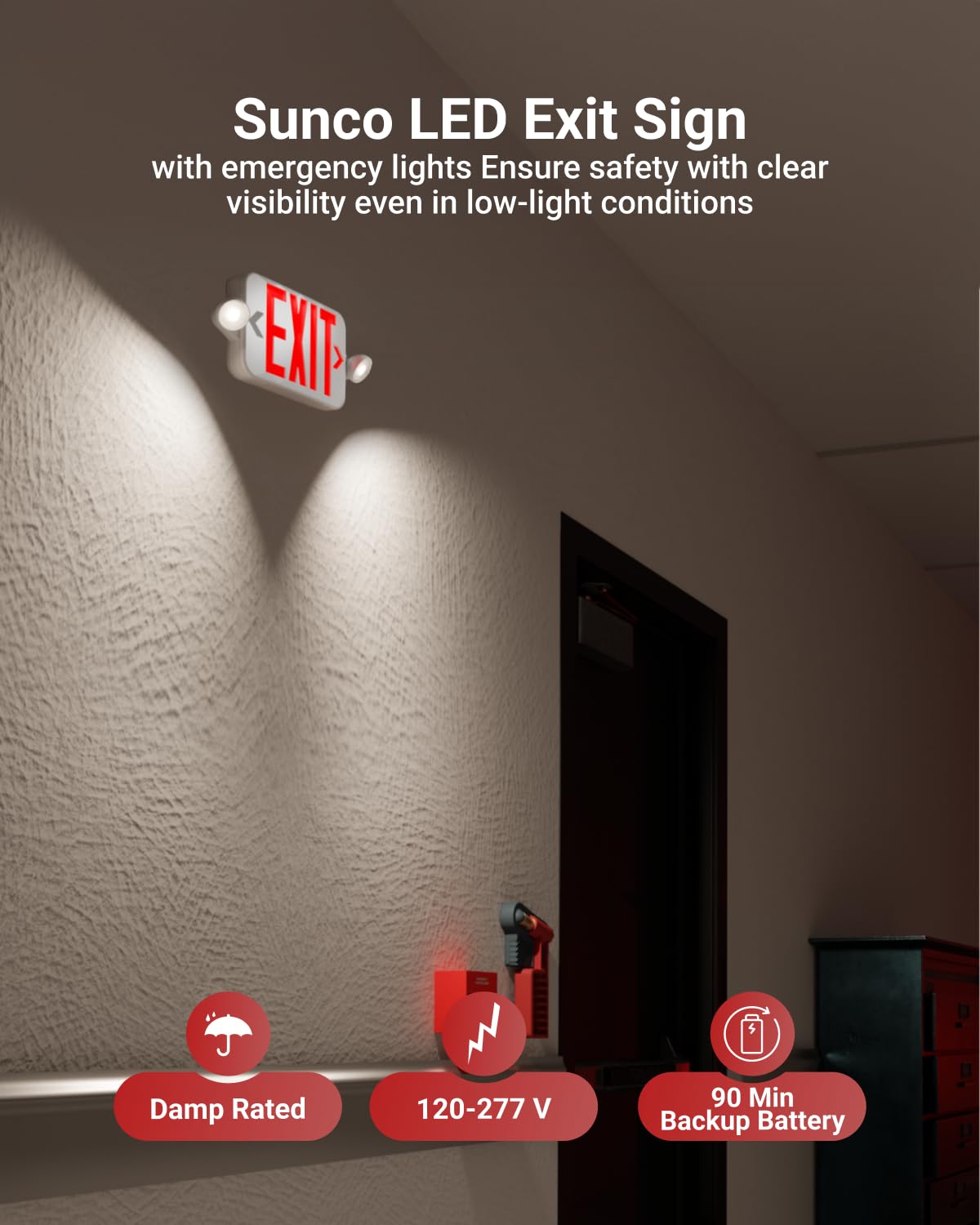 Sunco 6 Pack LED Exit Sign With Emergency Lights, Red, Two Mini Adjustable Lights, 94V-0 Fire Resistant, Backup Battery, 2.3W 6000K Daylight Deluxe, 200 Lumens 120-277V, Wall Or Ceiling Mount UL