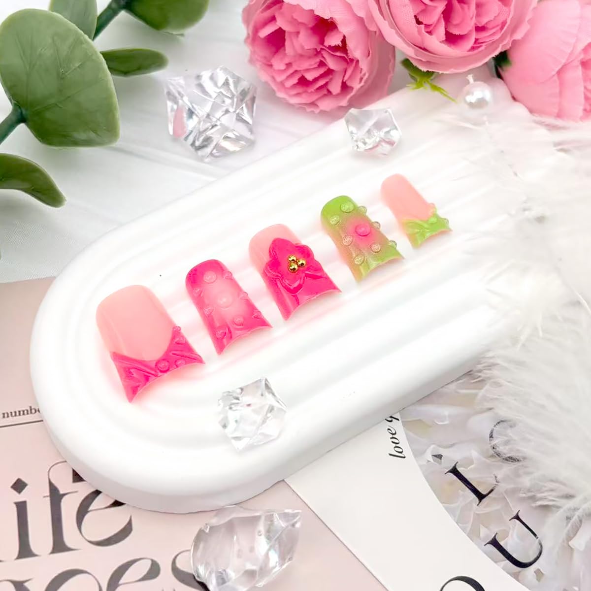 24Pcs Summer Press on Nails Short Duck Fake Nails Pink Green French Tip False Nails with 3D Flower Dewdrop Design Glitter Gold Gems Artificial Stick on Nails Full Cover Glue on Nail for Women Manicure