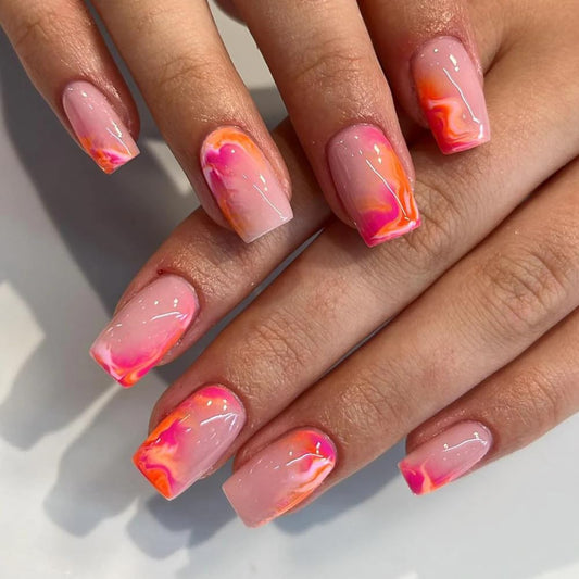 Curvlife Tip Press on Nails Acrylic Fake Nails with Design Full Cover False Nails for Women Reusable Nail Kit with Nail Glue Adhesive Tabs Nail File (Pink marble, Medium)