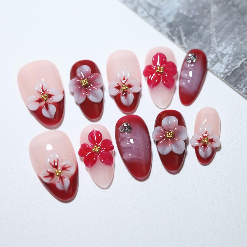 10 short Almond Handmade Press On Nails | 3D Floral Red & Nude Romantic Cherry Blossom Design with Rhinestones,New styles | Skip Salon Trips, Easy to Apply & Remove, Reusable (251108, XS)