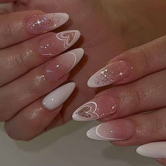24 Pcs Valentine’s Day Press on Nails Almond False Nails Heart Fake Nails with Glitter Design Pink White Full Cover Artificial Nails French Medium Glue on Nails Reusable Stick on Nails for Women