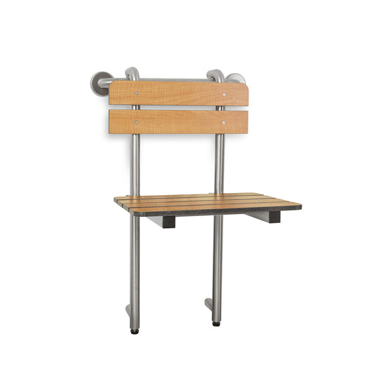 Seachrome Profile Folding Shower Seat with 18 inch Grab Bar, Removable Hanging Bench with Backrest & Legs, Teak Phenolic Seat, Stain Stainless Steel Grab Bar