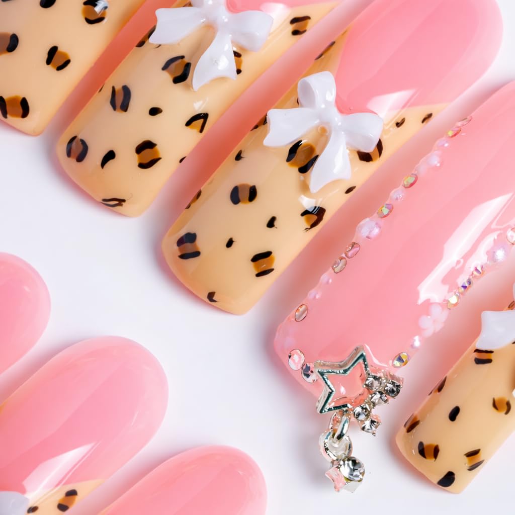 IntoVibes 10 Pieces Handmade Luxury Long Press On Nails With Curved Design, Bowknot And Leopard Prints, Pink Thickened False Nails, Reusable Fake Nails, Square Acrylic Nails (S)