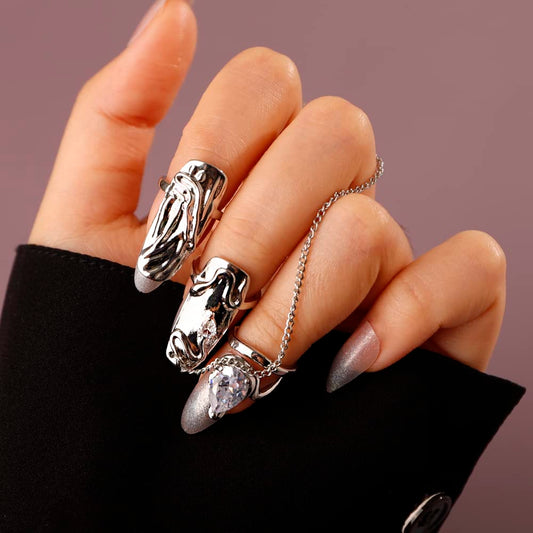 Rumtock 4pcs Punk Silver Fingertip Protective Nail Rings Set with Knuckle Chain Ring Manicure Jewelry for Women Gilrs