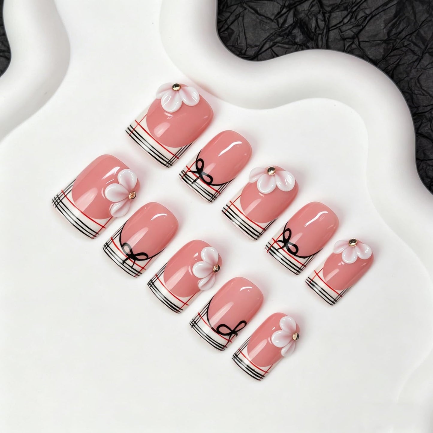 Luxury 3D Flower Short Square Press on Nails Handmade Fake Nails with Floral & Bow Art Design Stripe French Tip False Nails Muti-Layer Gel Handmade Thicked Acrylic Stick on Nail for Women (M)
