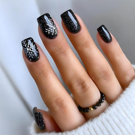 Christmas Press on Nails Short Snowflake Fake Nails Black Design Glossy Xmas Nails Press ons Acrylic Nails Winter Holiday False Nails Full Cover Stick on Nails for DIY Nail Art for Women 24Pcs