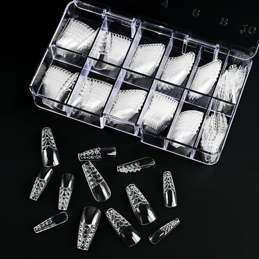 Chunmeng 120 Pcs Glitter Coffin Press On Nails, Clear Lace Mesh Design Long Acrylic Fake Nails, Gradient French False Nail Tips, Reusable Gel Stick On Nails For Women DIY Manicure Salon Nail Art