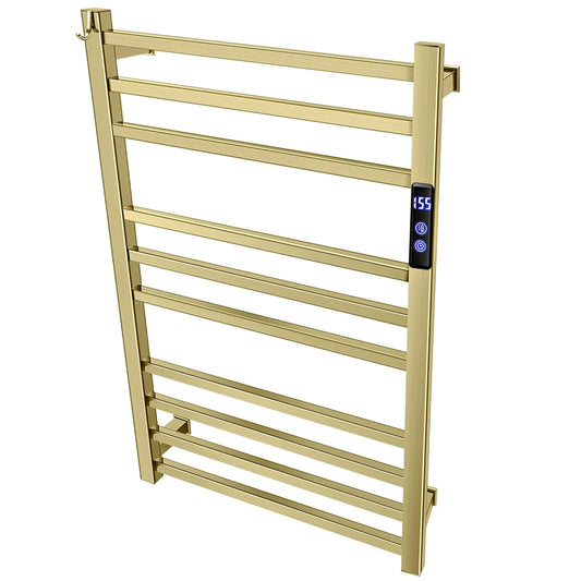 XBVV Towel Warmer Rack for Bathroom with Timer/Fahrenheit Temperature Control Wall Mounted Electric Heated 10 Bar Rail Plug-in or Hardwired Keep Bath Shower Towel Warming (Brushed Gold)