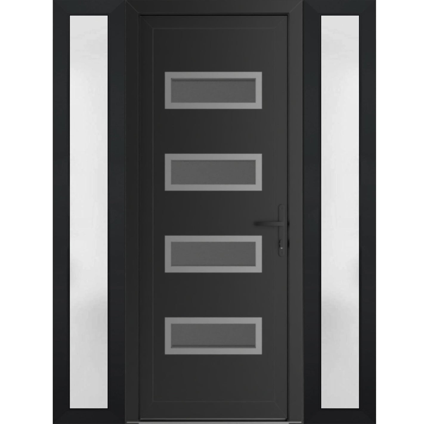VDOMDOORS Front Exterior Prehung Metal-Plastic Door Frosted Glass | Manux 8113 Matte Black | 2 Side Sidelite Transoms | Residential Doors Entrance Patio Garage 64 x 80 (W14+36+14 x H80) Left-Inswing