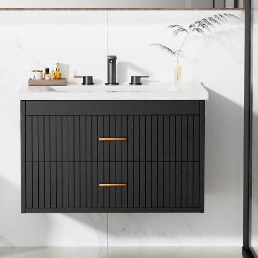 IDEALHOUSE 30 Inch Floating Fluted Bathroom Vanity with Ceramic Sink, Wall Mounted Modern Vanity Cabinet with 2 Soft-Close Drawers & Gold Handles, Easy to Assemble Black