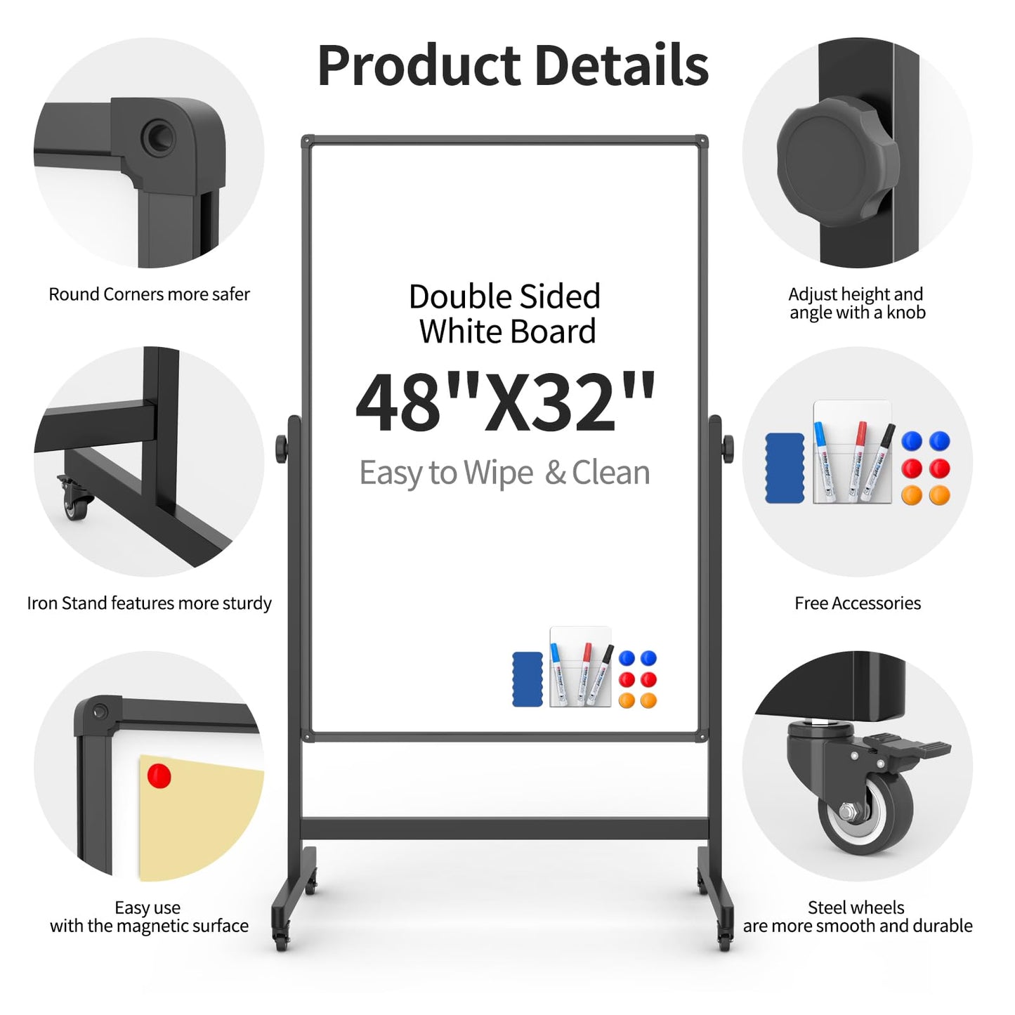 48x32inches Mobile Whiteboard - Adjustable Height, Standing Whiteboard on Wheels, Double-Sided Magnetic Dry Erase Board for Office, Home, Classroom