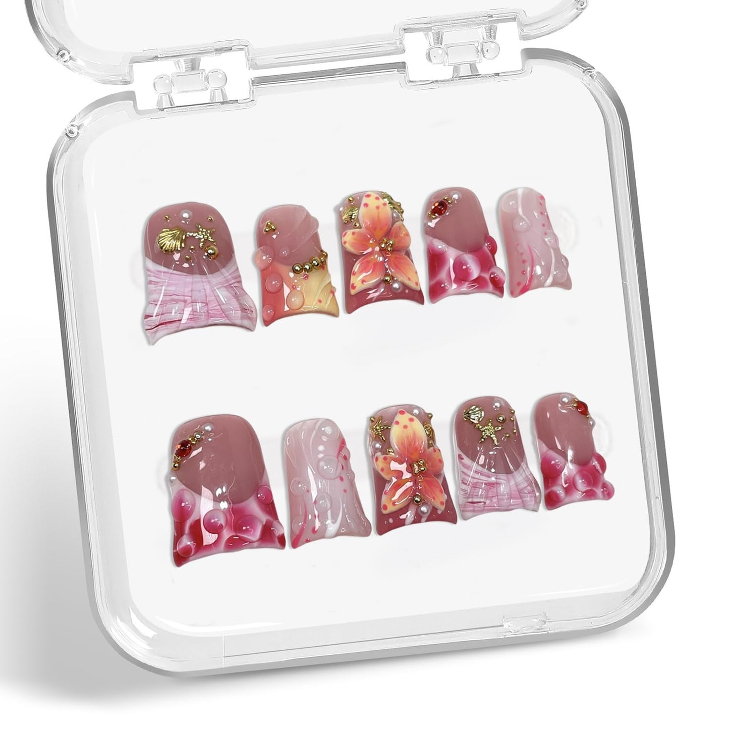 Handemade Press on Nails Thick and Muti-Layer Gel Acrylic Nail Short Duck Fake Nails Cute Gradient Flower False Nails with Designs Water Droplets Art Petal French Tip Stick on Nail for Women（M)