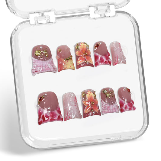 Handemade Press on Nails Thick and Muti-Layer Gel Acrylic Nail Short Duck Fake Nails Cute Gradient Flower False Nails with Designs Water Droplets Art Petal French Tip Stick on Nail for Women（M)