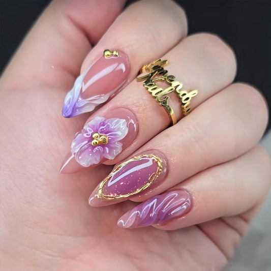 24Pcs Purple Flower Press on Nails Medium Almond Fake Nails French Tip False Nails with 3D Rhinestones Design Gilding Full Cover Artificial Glue on Nails Spring Acrylic Stick on Nails for Women DIY