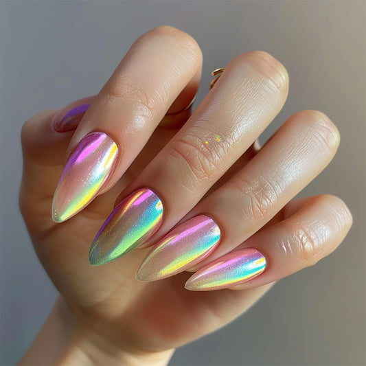 CJDLTS Almond Press on Nails Medium Colorful Plating False Nails Glossy Reusable Full Cover Coffin Nails Acrylic Artificial Nails Almond Stick on Nails DIY Glue on Nails for Women Manicure Kit 24Pcs