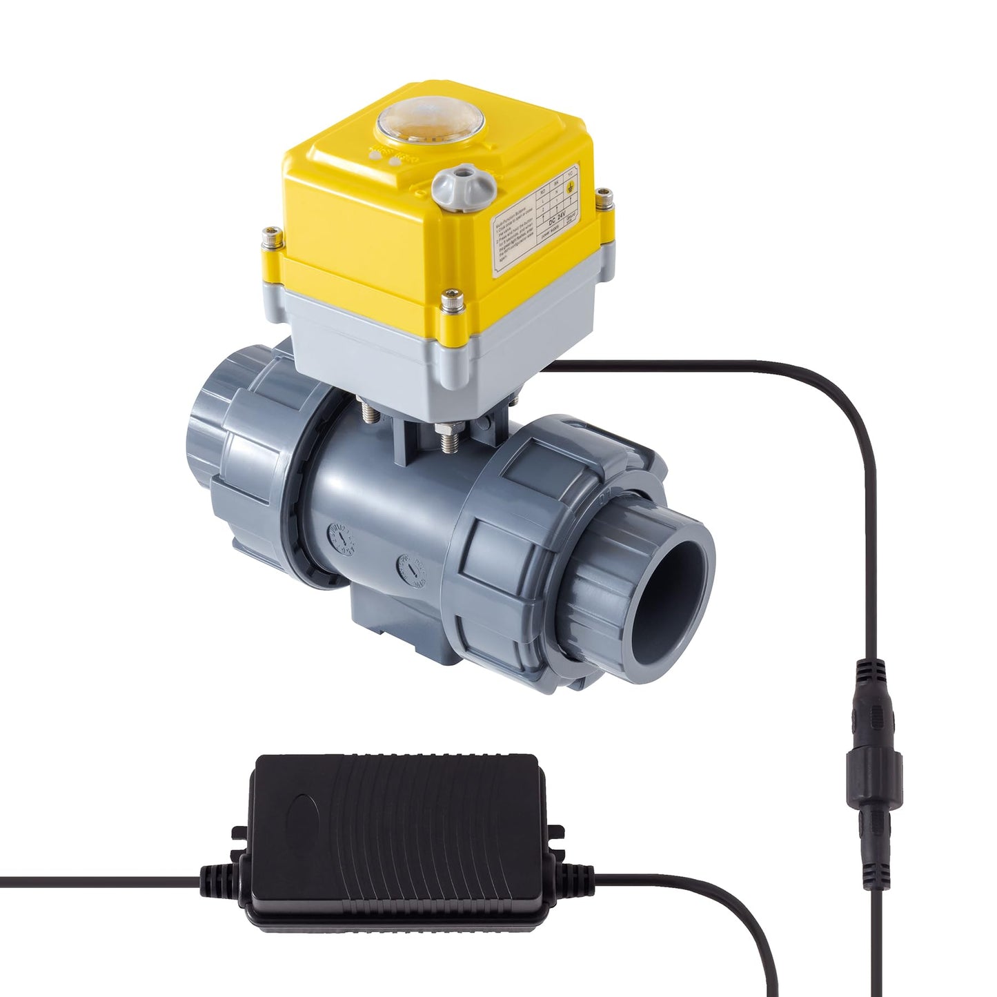 Electric ball valve 1/2 inch full bore 2-way PVC union ball valve, DC24V AC110V-230V power adapter and automatic return setting. Normally closed electric water valve DN40MM