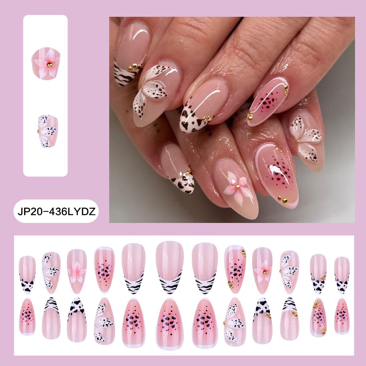 Leopard Press on Nails Medium Almond Nails Press on with 5D Flower & Gold Charm Design Glossy Nude Fake Nails French Tips Glue on Nail Reusable Fall Summer Nail for Women Manicure 24Pcs