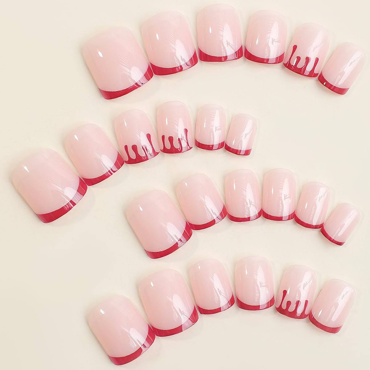 Halloween Press on Nails Short Square Fake Nails Blood French Tips Acrylic Nails Squoval False Nails with Designs Bleed Wound Glue on Nail for Women Girls Nail Decoration 24Pcs