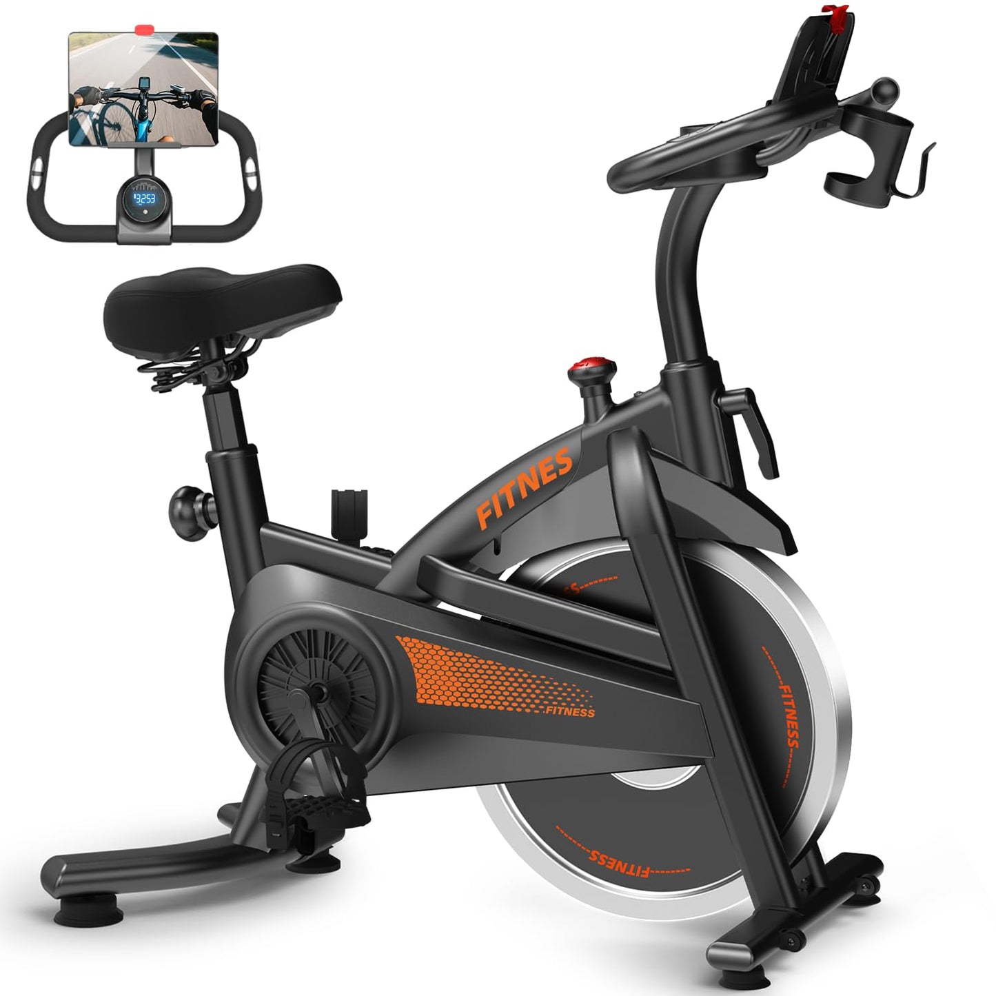 UMAY Exercise Bike,Brake Pad Stationary Bike for Home with 0-100 Resistance & App, Silent Belt Drive Stationary Workout Bike for Home with Comfort Seat, Low Noise Indoor Cycling Bike with Heart Rate / Tablet & Bottle Holder, 300 LBS Capacity