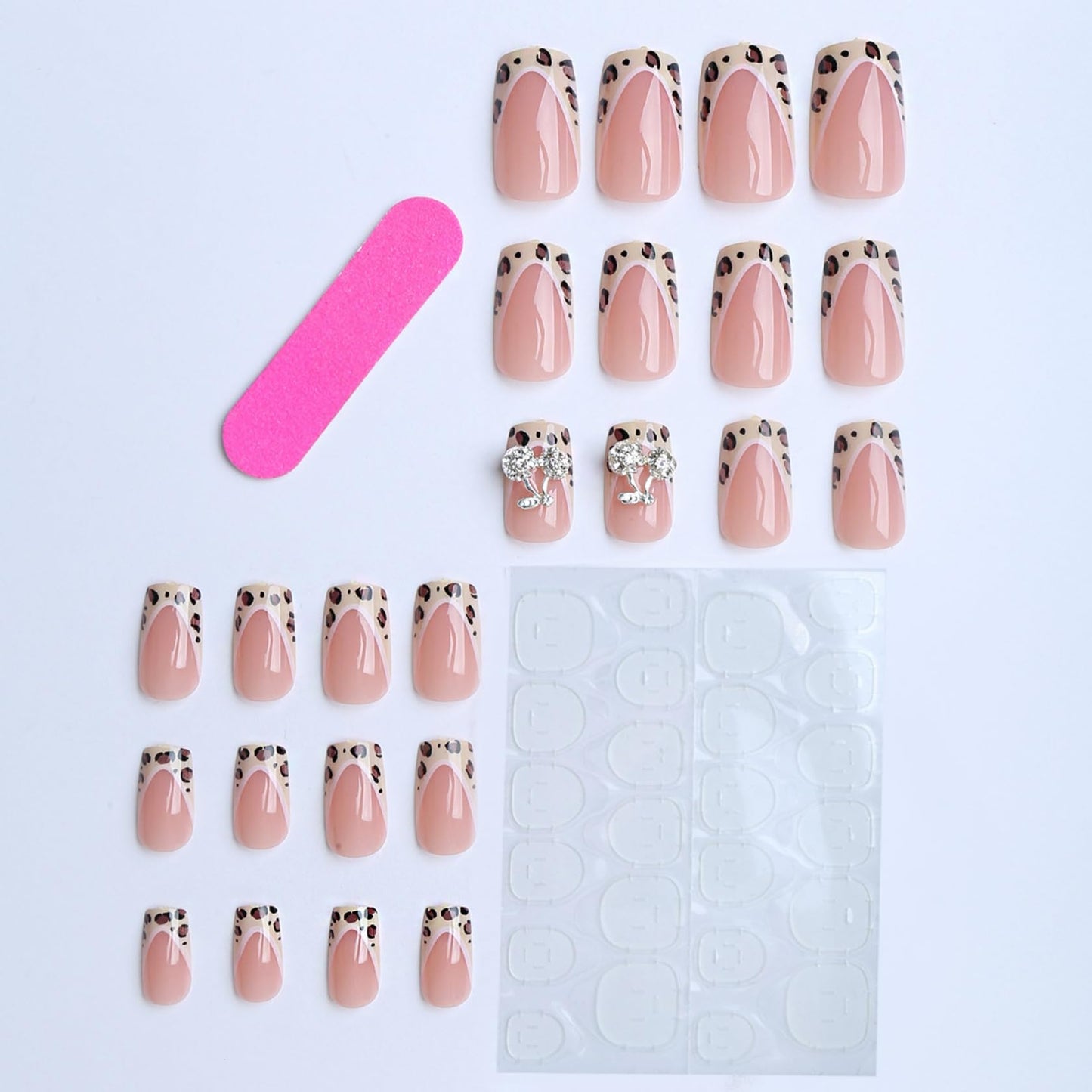 Short Square Press on Nails Fake Nails Artificial Nail Stick on Nail for Women, Cherry Print Design with Leopard French Tip and Glitter Accents