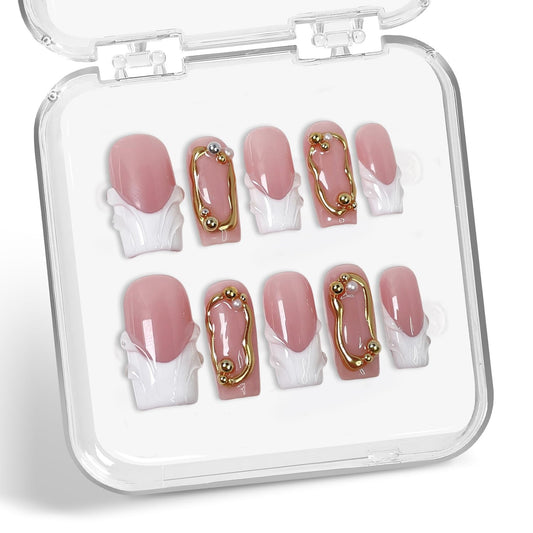 Handmade Press on Nails Square Shape Luxury Medium Hand Made Nails with 3D Pearl & Golden Embossed Design Full Cover White French Tip False Nail for Women (M)