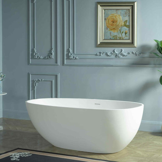 WOODBRIDGE 59" Egg-Shaped Solid Surface Freestanding Soaking Tub, Modern Oval Stone Resin Bathtub with Integrated Slotted Overflow & Drain, Matte White, EST0701