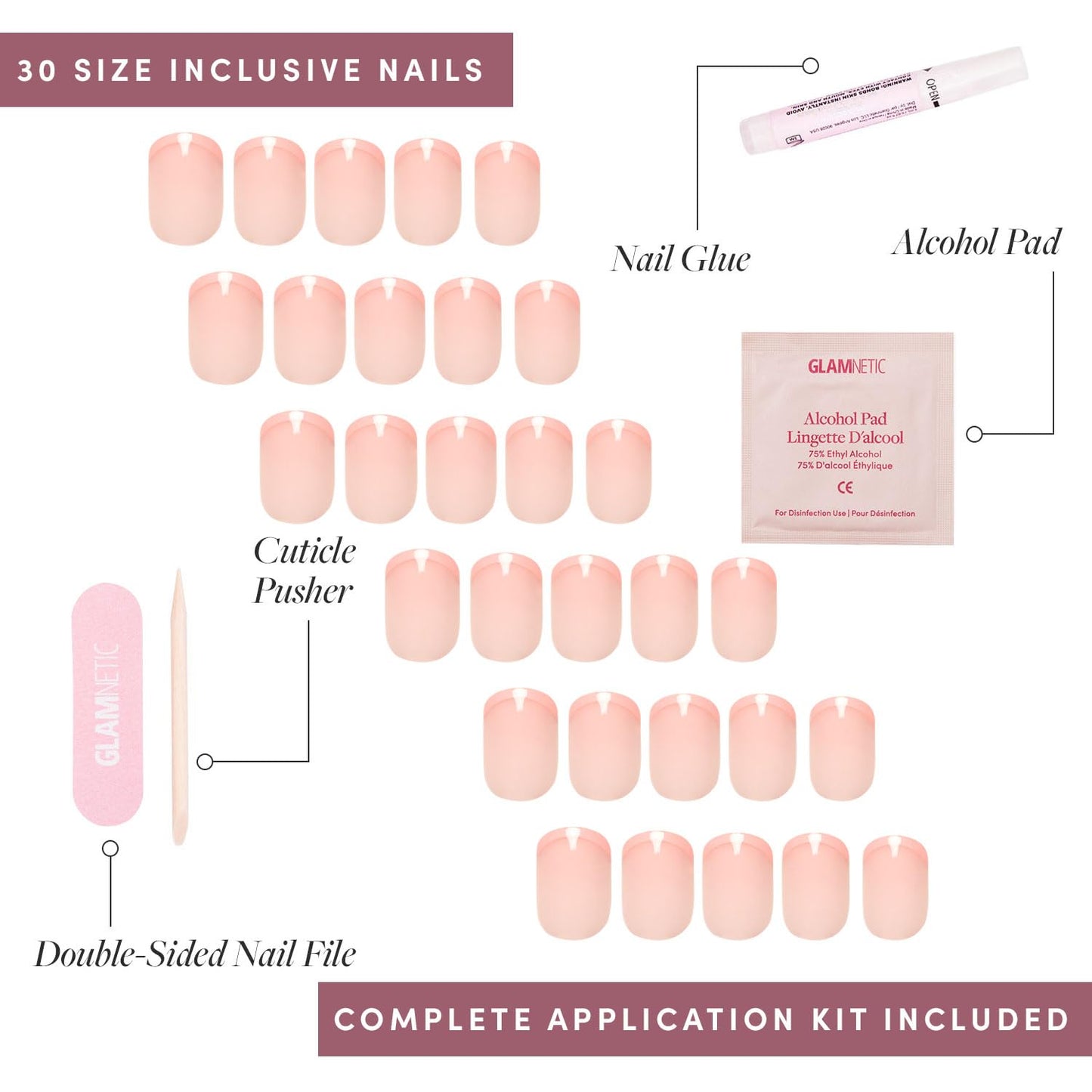 Glamnetic Press On Nails - French Peach | Super Short Round Fake Nails with Pastel Peach French Tips and Glossy Finish, Salon Quality | 15 Sizes - 30 Nail Kit with Glue