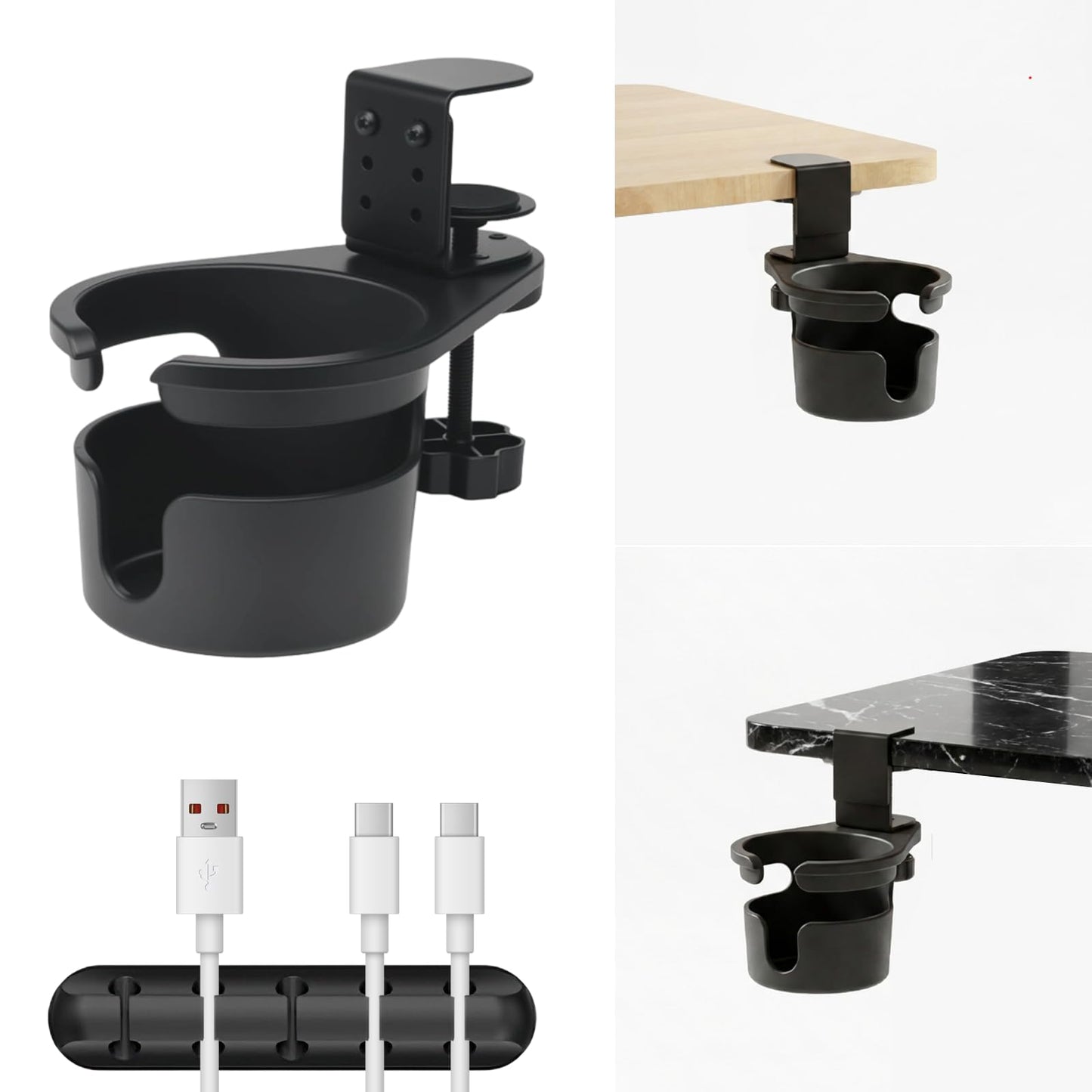 Desk Cup Holder Clamp with 360° Rotation,Anti-Spill Clip On Table Cup Holder, 1 Cord Organizer, Rotatable Water Bottle Stand Drink Coffee Mug Storage, Office Accessories for Home and School (Black)