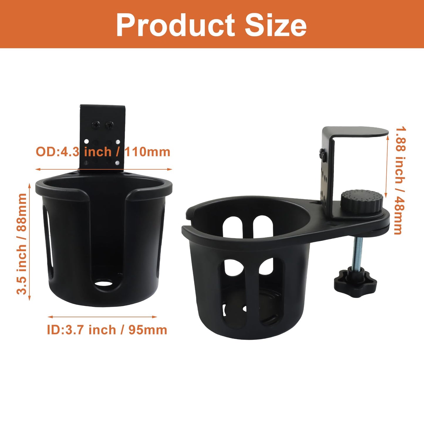 Bonsicoky Desk Cup Holder, 360° Rotating Anti-Spill Clamp-On Drink Holder, 3.74 Inch Inner Diameter, 3.5 Inch Deep Black Plastic Cup Stand for Office & Gaming Desk