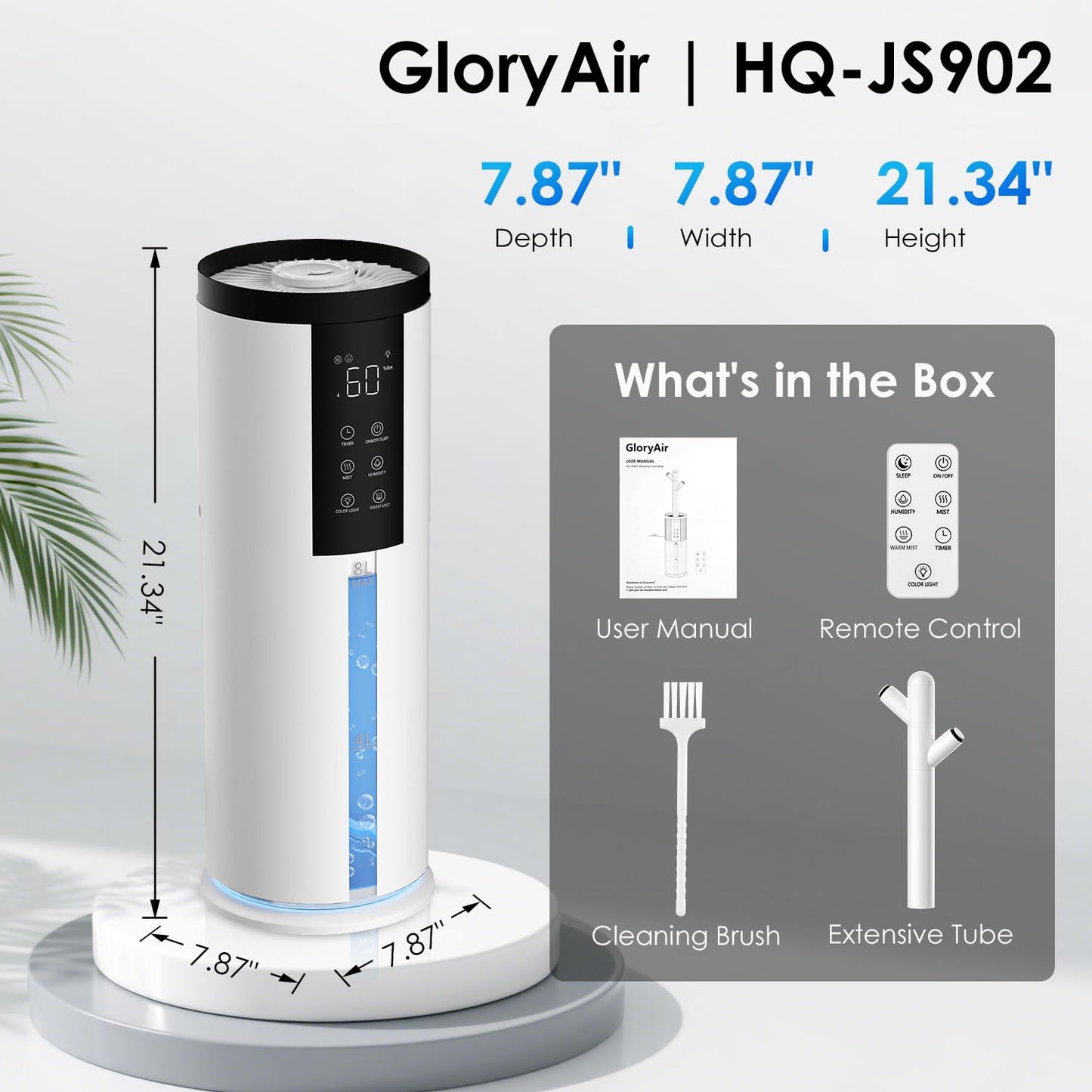 Humidifiers for Bedroom - GloryAir 2.11Gal (8L) Quiet Top Fill Cool & Warm Mist Humidifier Large Room 650 ft² with Humidistat, diffuser, Auto Mode, 7-Color Light for Plants, Baby,Adults, Office & Home