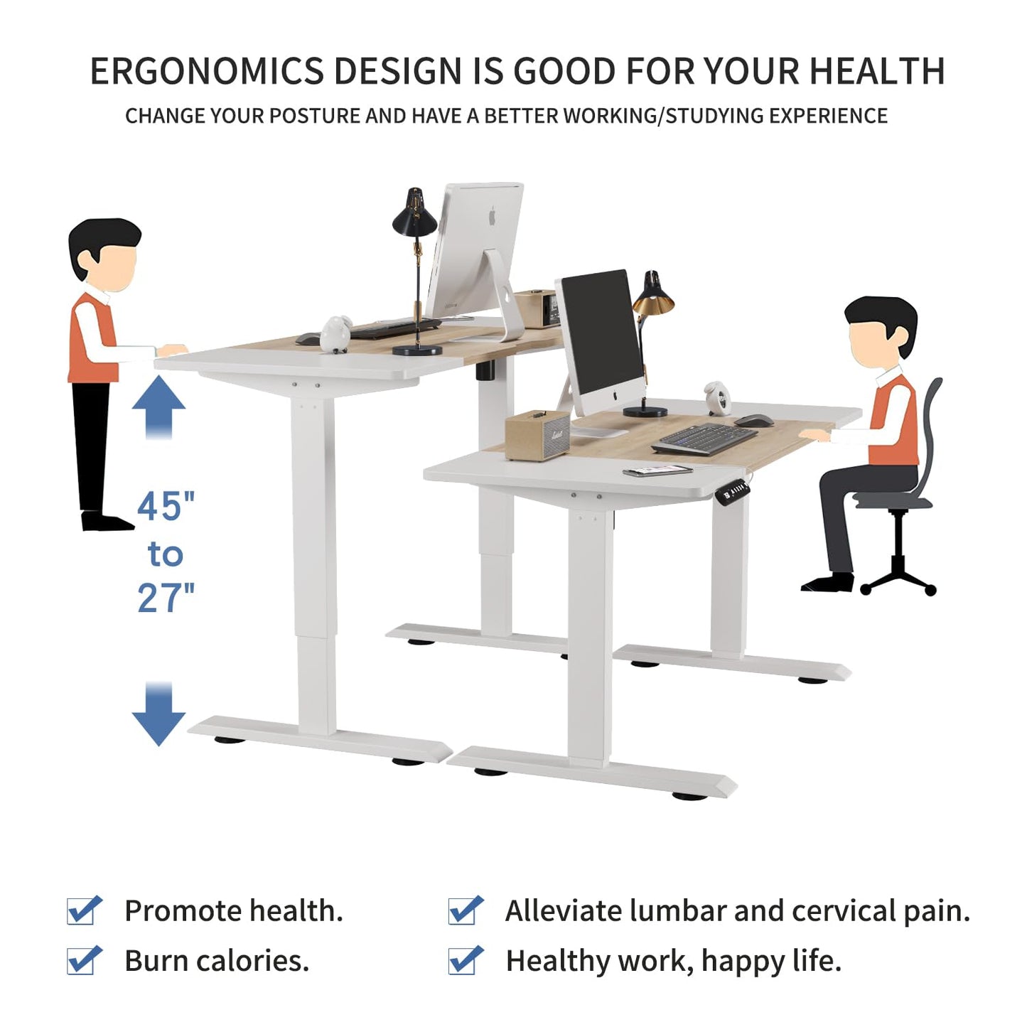 bilbil Height Adjustable Electric Standing Desk, 55 x 24 Inches Sit Stand up for Work Office Home, Ergonomic Rising Computer Table with Memory Preset with Splice Desktop (Oak, White)