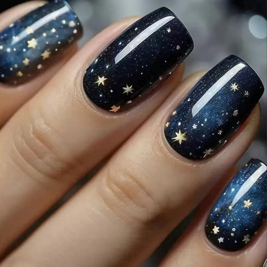 24Pcs Dark Blue Starry Sky Fake Nails Short Square Press on Nails with Stars Designs Blue Black Ombre Nail Press ons Glossy Full Cover Glue on Nails Reusable Stick on Nail for Women Manicure