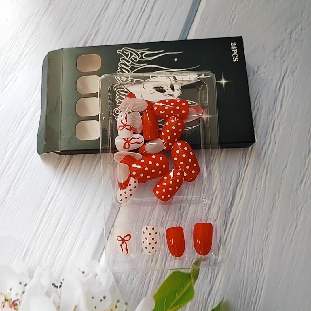 24Pcs Valentines Press on Nails Short Oval Fake Nails Red French False Nail Tip Kit with Bow Polka Dots Designs Sparkly Glossy Nude Glue on Nails Full Cover Acrylic Red White Stick on Nail for Women