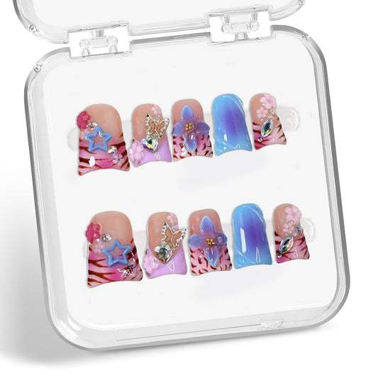 Handmade Press on Nails Leopard Print 3D Luxury Flower & Butterfly Fake Nail Designs Gradient Stick on Nails Full Cover Flower Press on Nails Short Duck Muti-Layer Gel Thick Acrylic Nail for Women（M)