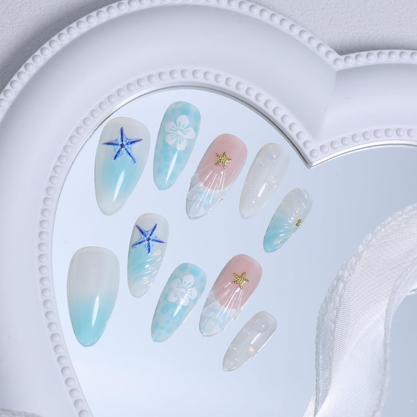 BSBTBZ Summer Ocean Medium Almond 24Pcs Blue Starfish 3D Acrylic ABS Press-On False Nails with Gold Bead Charms & White Flowers Design