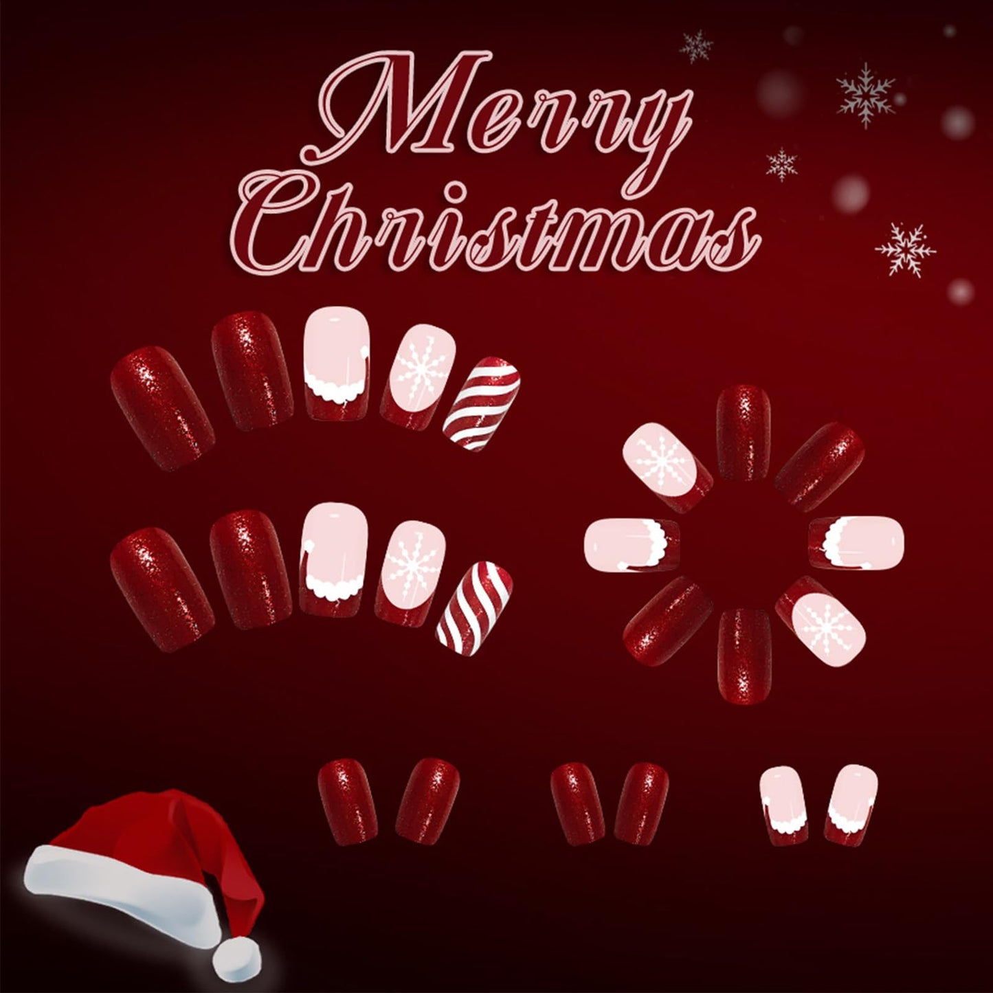 Christmas Medium Square False Nails Snowflake Gel Glue on Nail 24Pcs Christmas Hat Press on Nails French Tips Stick on Fingernails Glossy Red Curve Line Acrylic Fake Nail for Women Xmas Gift